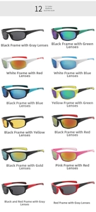 Collection of outdoor sports sunglasses in 12 colors with UV protection and various lens types