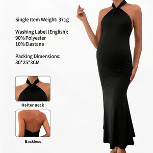Maternity Halter Dress Backless Slim Fit Fishtail Long Maxi For Women Pregnancy Solid Black Polyester Spandex