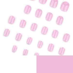 Short round press-on nails with pink base, white French tips and shimmer glitter finish