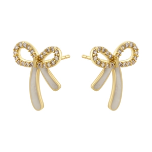 Golden bow stud earrings with sparkling zircon inlay and white oil drop finish