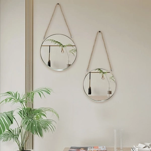 Set van twee Scandinavische ronde wandspiegels met hennep touw en zwart metalen frame