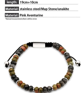 Map Stone, Unakite and Pink Aventurine beaded bracelet with polished steel clasp