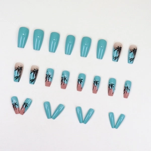 Hawaiian style press-on nails set with tropical coconut tree patterns and blue gradient