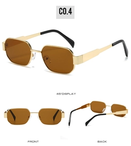 Detailed multi-angle view of gold metal polygon sunglasses with brown lenses and black tips
