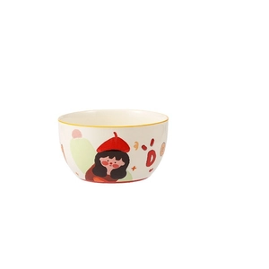 Bol à riz mignon en céramique avec illustration de fille de dessin animé et chapeau rouge
