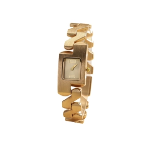 Elegant gold rectangular quartz watch with M-shaped metal link strap for women