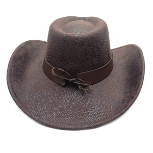 Detail of western cowboy hat featuring brown faux snake embossed texture and decorative band