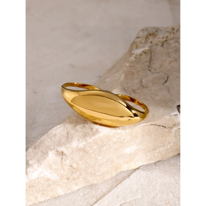 Macro detail of chunky 18k gold plated stainless steel ring on natural stone