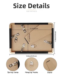 Detail view of 4x6 inch picture frame back with dimensions, clips and wall hanging hooks