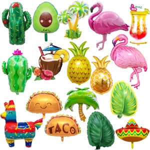 Tropical party foil balloons set featuring cactus, flamingo, and pineapple shapes