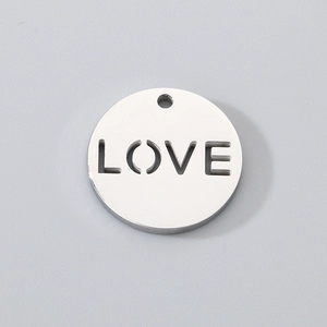 Polished silver stainless steel round pendant with a cutout LOVE pattern and top hole