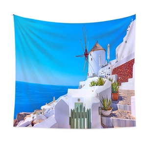 Detail view of Santorini wall tapestry with blue dome windmill and Mediterranean seascape
