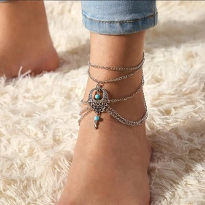 Bohemian Multilayer Anklet Alloy Turquoise Beads Hollow Water Drop Pendant Vintage Ethnic Beach Vacation Jewelry Women