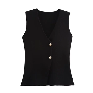 Detailed close-up of a black knit V-neck vest with elegant gold decorative buttons