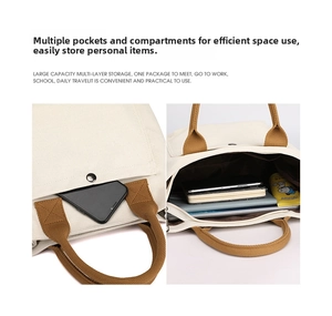 Canvas tote bag with multiple pockets and compartments, casual handbag for women daily travel.