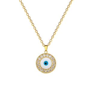 Elegant gold evil eye necklace with sparkling crystal halo and classic blue iris detail