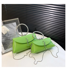 Detailed view of neon green jelly evening bag with rhinestone ring handle and silver chain