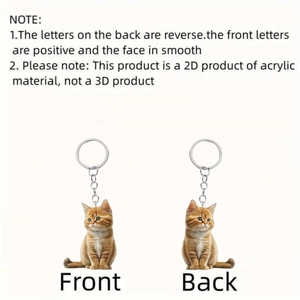 Detailed front and back views of flat 2D acrylic ginger cat keychain with metal ring
