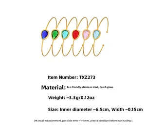 Detailed set of six pear-cut Czech glass open bracelets in 18k gold plated steel