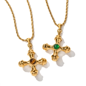 18K gold plated stainless steel cross necklace with tiger eye and green gemstone
