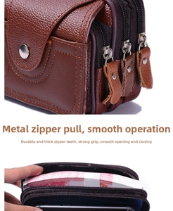 Detail view of brown PU leather waist bag with three zipper compartments and high capacity