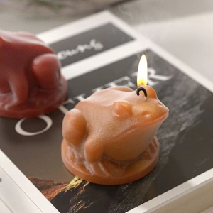 Detailed view of 3D frog silicone mold candles showing textured finish and warm flame