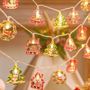 Christmas LED string lights with warm white bells, trees and stocking ornaments