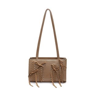 Fashionable khaki PU leather shoulder bag with buckle straps and rivet details