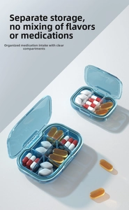 Detail of blue portable weekly pill organizer with individual compartments and secure seals