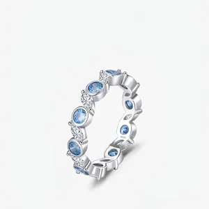 925 Sterling Silver Ring For Women Eternity Band Alternating Blue Round And Clear Marquise Zircon Elegant Stackable Jewelry