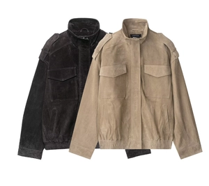 Flat lay of black and khaki suede bomber jackets with flap pockets and epaulets