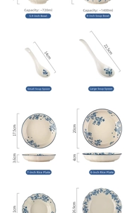 Detailed size specifications for blue and white ceramic dinnerware set components