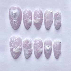 Luxury Press On Nails 3D Swan Design Almond Shape Lavender Bow Heart Artificial Pearl Decor Elegant French Style For Women
