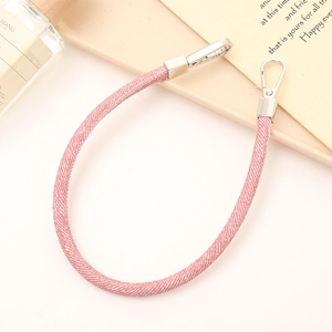 Pink woven fabric wrist strap for phone or keys with dual silver metal lobster clasps