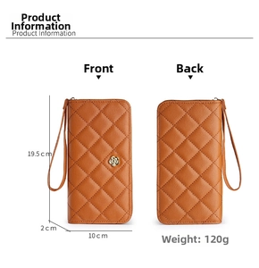 Detailed size diagram of a brown quilted leather wristlet wallet with camellia charm