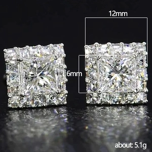 Classic square hip-hop stud earrings with 6mm princess cut zircon and full pave diamonds
