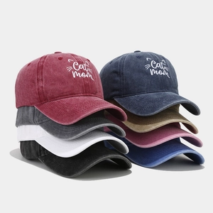 Washed Cotton Baseball Cap Cat Mom Embroidery Vintage Distressed Sun Hat Adjustable Outdoor Casual Gift For Women