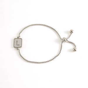 Silver titanium steel box chain bracelet featuring a square letter L pendant charm