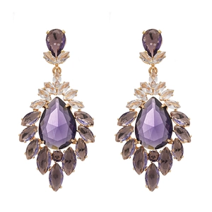 Vintage gold drop earrings featuring purple flower zircons and waterdrop crystals