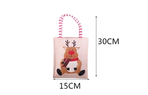 Détail d'un sac de Noël en lin 15x30cm avec motif renne et indicateurs de dimensions