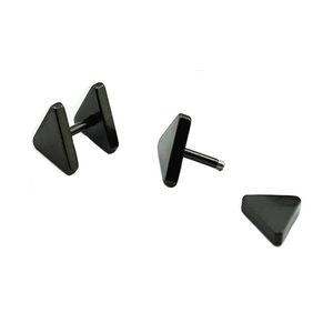 Minimalist matte black stainless steel triangle stud earrings with screw-on dumbbell back