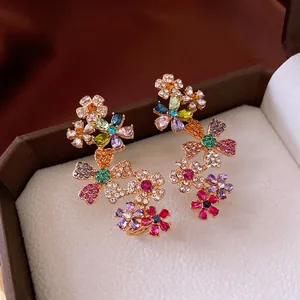 Colorful Rhinestone Floral Drop Earrings With Silver Earring Post 18K Gold Plated Copper Flower Jewelry For Women