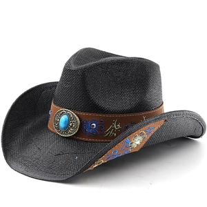 Chapeau de cowboy noir tressé avec perle turquoise et broderie florale colorée