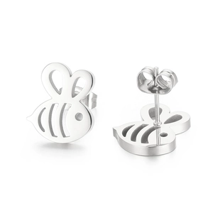 Polished silver bee stud earrings for women in stainless steel, front and side view