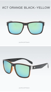 Detail view of sport sunglasses with orange black-yellow frame and blue mirrored lenses
