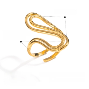 Detail view of 18K gold plated stainless steel wave ring with size and weight specs