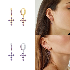 S925 sterling silver hoop earrings with purple zircon cross pendants in gold and silver
