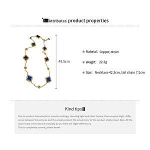 Detail specifications for gold flower necklace with blue stones and measurements