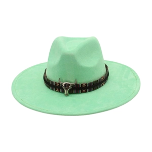 Detail of mint green fedora with western bull skull buckle and ethnic ribbon trim