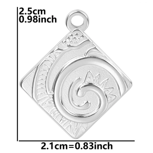 Detailed size view of silver stainless steel diamond pendant with relief patterns